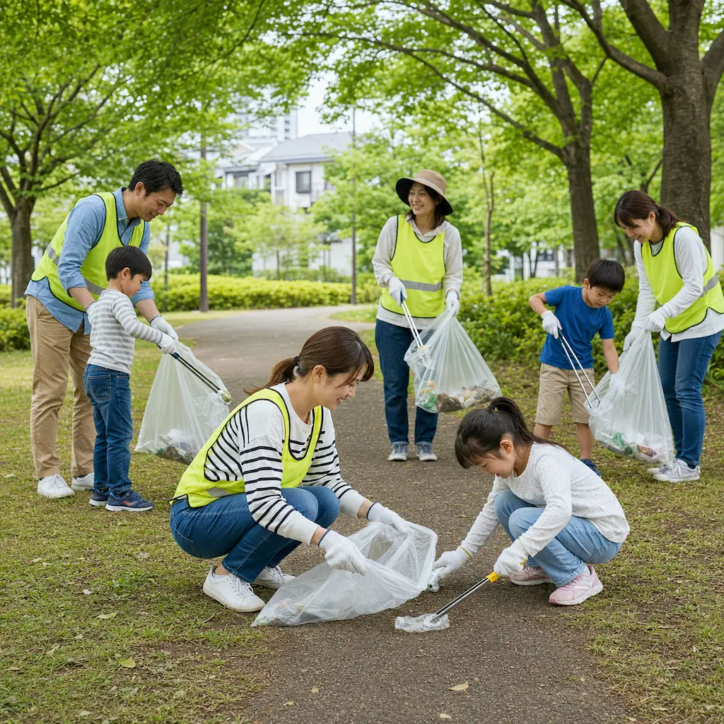 地域で清掃活動をする住民のイメージ